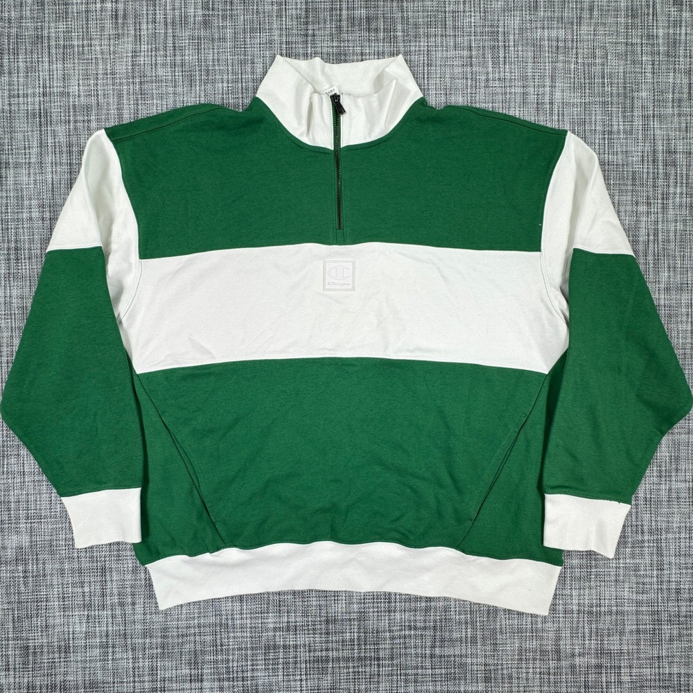Champion Mens Quarter Zip Colorblock Fleece Sweatshirt Green White XL Athletic